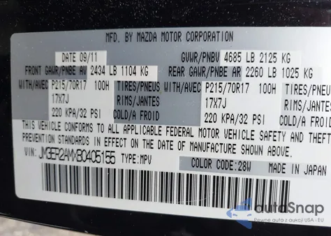 2011 Mazda Cx-7 I Sv z USA, uszkodzony, nr VIN JM3ER2AMXB0405155